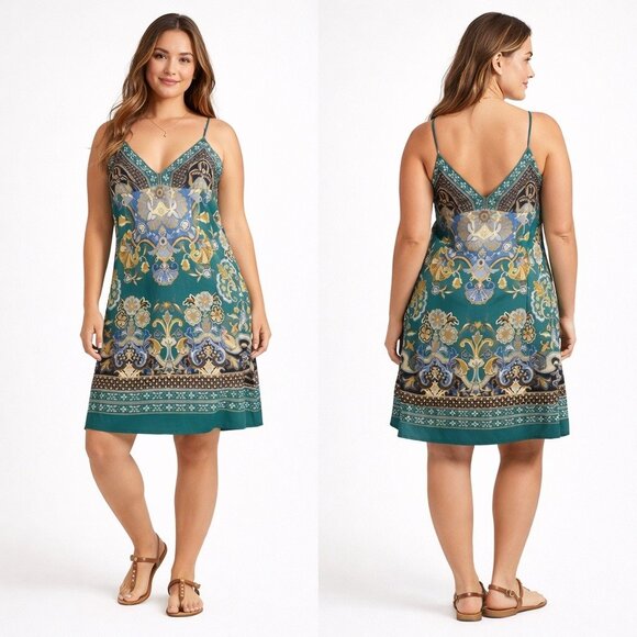 I.C.E Dresses & Skirts - I.C.E Teal Boho Paisley Slip Dress Border Print Size 10
